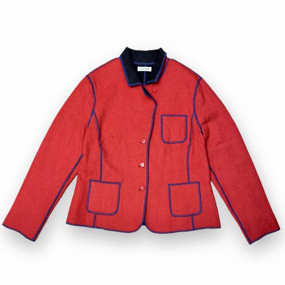 VTG 80s Barry Bricken Alpaca Wool Contrast Stitch Shacket Red Navy Size L